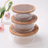 Urbane Home Pack of 3 Borosilicate Glass Kitchen Containers with Bamboo Lid | 390ml 620ml 960ml | Airtight Round Fridge Storage Boxes | Glass Jars for Cereal, Dry Fruits | Blue Pottery Print